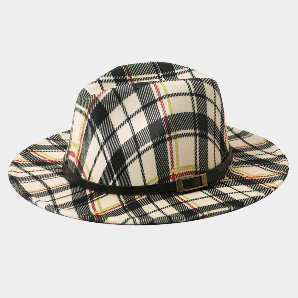 Accented plaid cream color black belt fedora fashion hat statement accessory